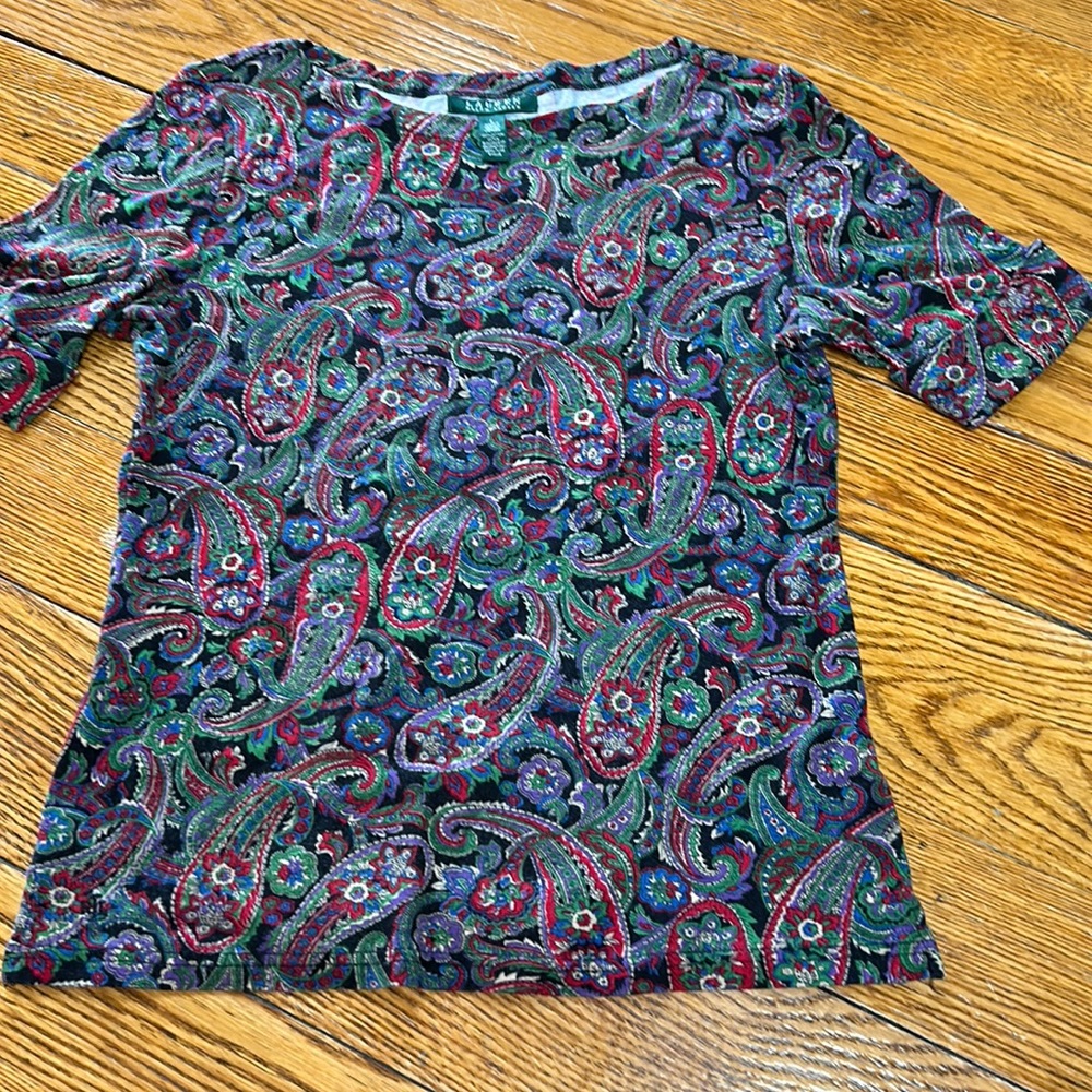 Lauren Ralph Lauren cotton paisley print top.  Size Large.  Purple, red, green.